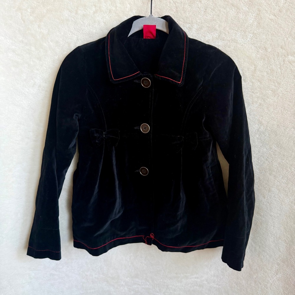Pumpkin Patch Girls Black Velvet Bow Trim Jacket Pink Lining Size 9 To 53in